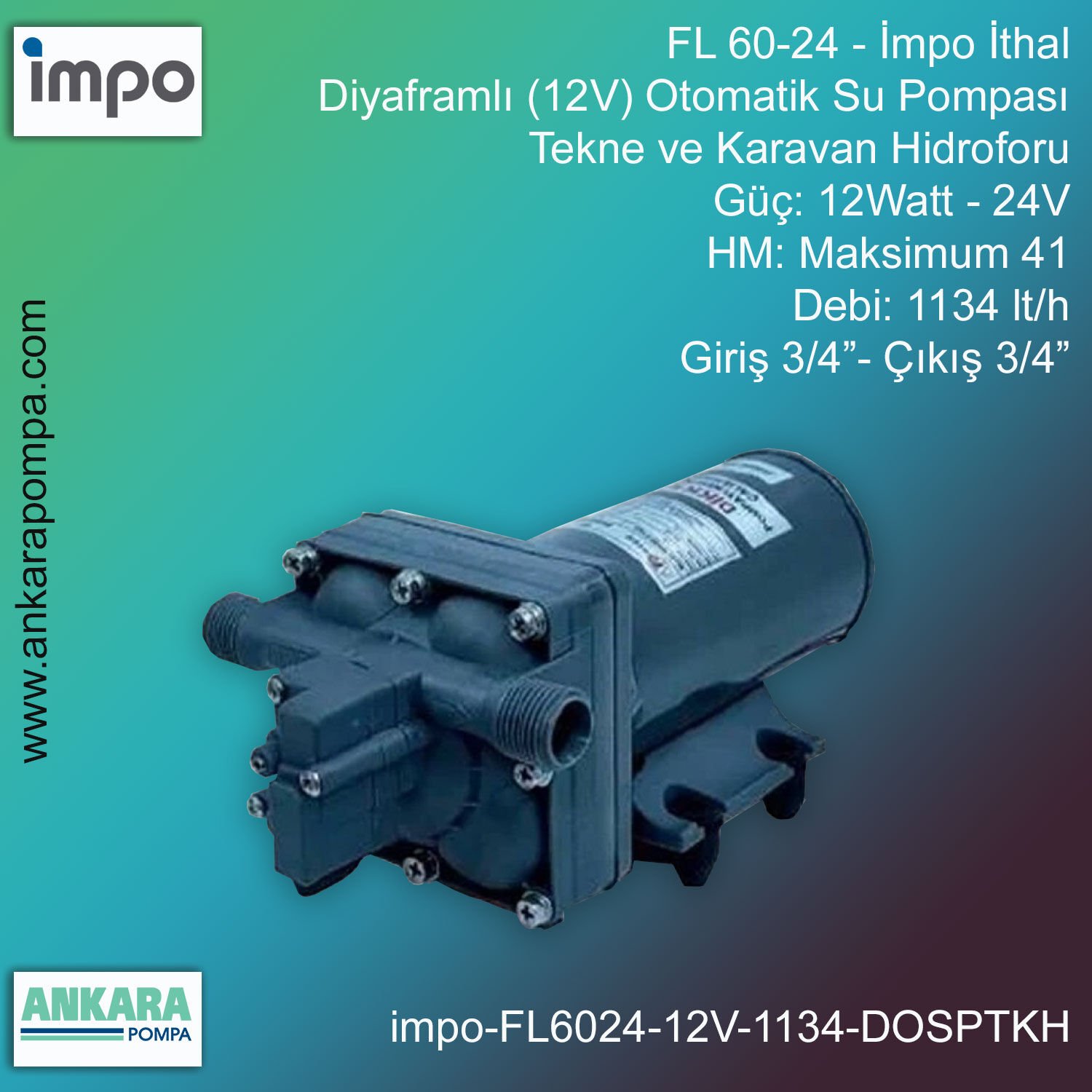 İmpo FL 60-24 Tip - 12Watt-24V Gücünde, Max HM 41, 1134 lt/h Debi, Giriş 3/4''-Çıkış 3/4'', İthal, Diyaframlı 12V Otomatik Su Pompası - Tekne ve Karavan Hidroforu