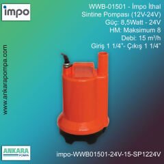 İmpo WWB-01501 Tip -8,5Watt-24V Gücünde, Max HM 8, 15 m3/h Debi, Giriş 1 1/4''-Çıkış 1 1/4'', İthal, Sintine Pompası (12V-24V)