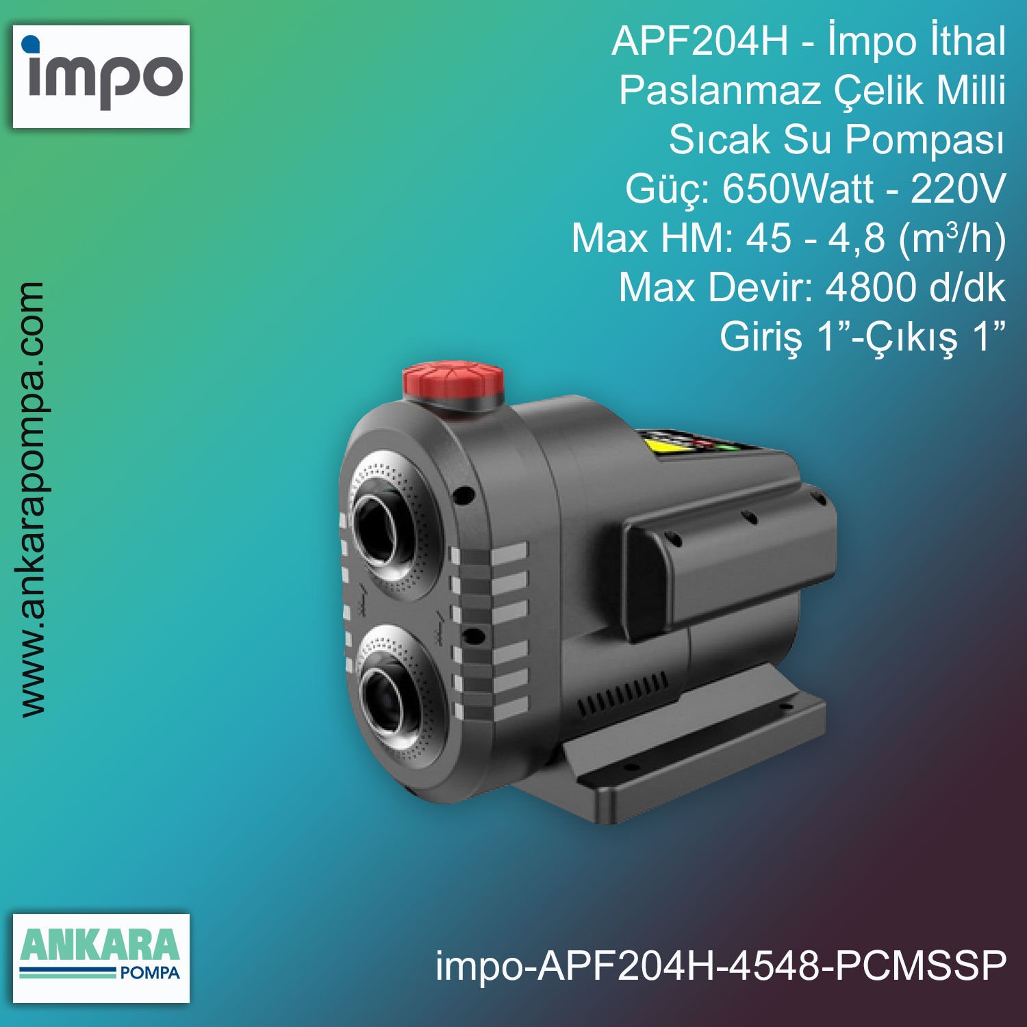 İmpo APF204H Tip - 650Watt-220V Gücünde, Maksimum HM 45, Debi 4,8 m3/h, Maksimum Devir 4800 d/dk, Giriş 1''-Çıkış 1'', İthal, Frekans Kontrollü Yeni Nesil Paslanmaz Çelik Hidrofor