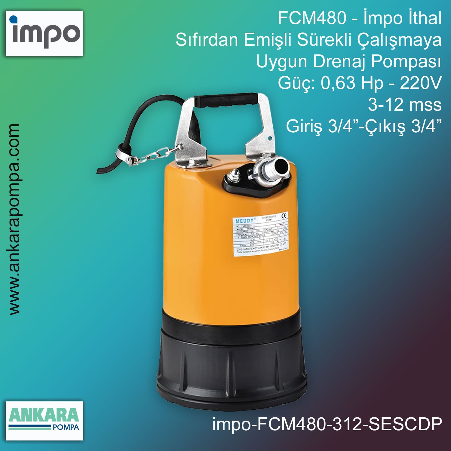 İmpo FCM480 Tip - 0,63 Hp-220V Gücünde, 3-12 mss, Giriş 3/4''-Çıkış 3/4'', İthal, Sıfırdan Emişli Sürekli Çalışmaya Uygun Drenaj Pompası