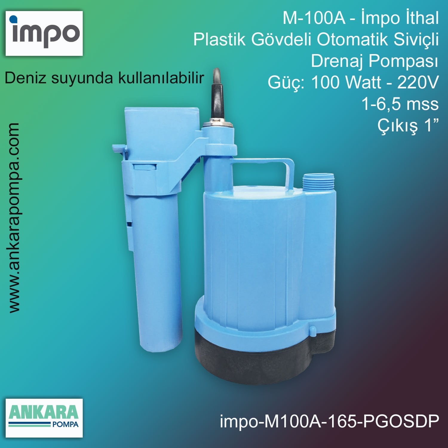 İmpo M-100A Tip - 100Watt-220V Gücünde, 1-6,5 mss, Çıkış 1'', İthal, Plastik Gövdeli Otomatik Siviçli Drenaj Pompası