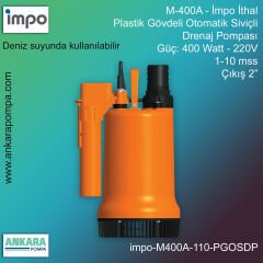 İmpo M-400A Tip - 400Watt-220V Gücünde, 1-10 mss, Çıkış 2'', İthal, Plastik Gövdeli Otomatik Siviçli Drenaj Pompası