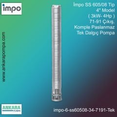İmpo SS 605/08 Tip 4'' Model (3kW- 4Hp ) 71-91 Çıkış, Komple Paslanmaz Tek Dalgıç Pompa