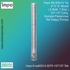 İmpo SS 605/12 Tip 4''-5''-6'' Model (5,5kW- 7,5Hp ) 107-137 Çıkış, Komple Paslanmaz Tek Dalgıç Pompa