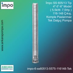İmpo SS 605/13 Tip 4''-5''-6'' Model (5,5kW- 7,5Hp ) 116-148 Çıkış, Komple Paslanmaz Tek Dalgıç Pompa