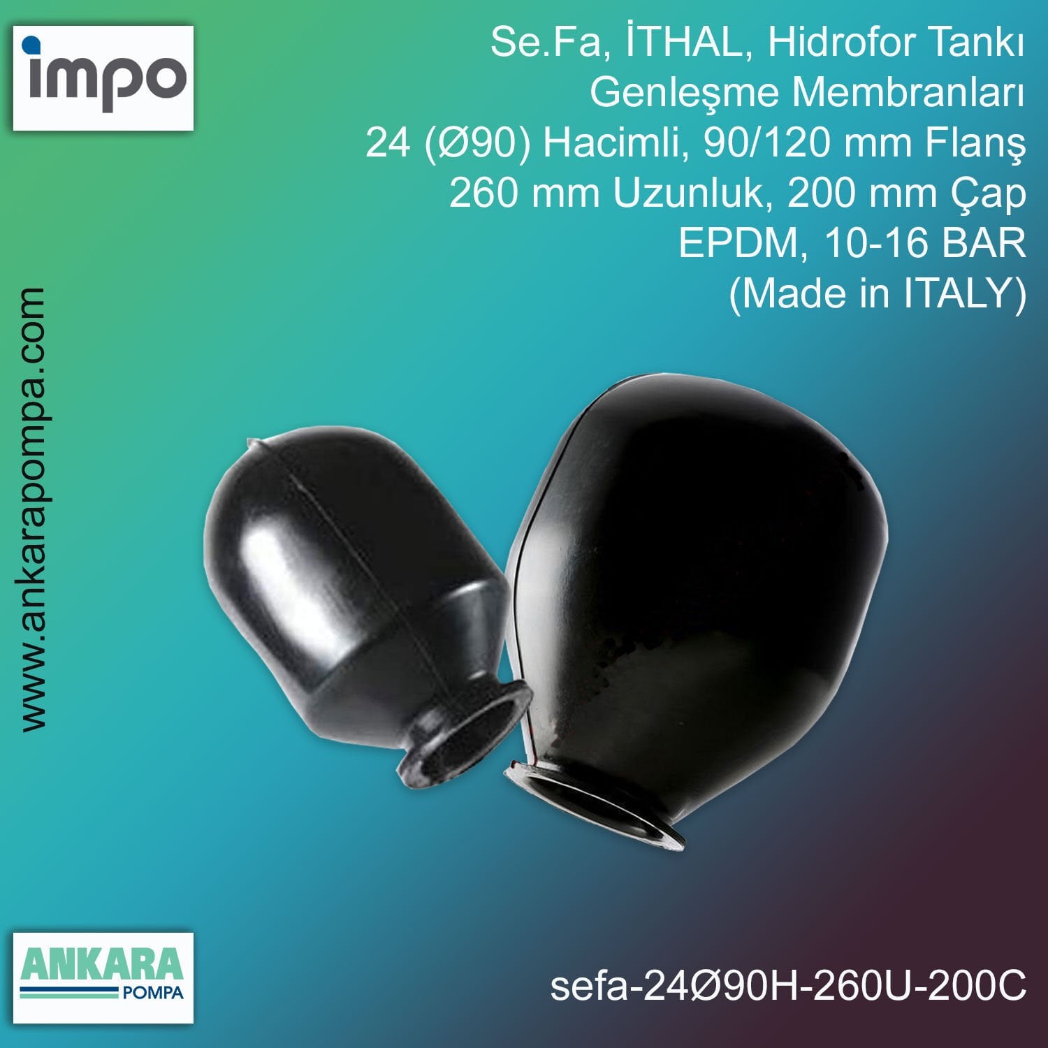 Se.Fa, İTHAL, 24 (Ø90) Hacimli, 90/120 mm Flanş, 260 mm Uzunluk, 200 mm Çap, EPDM, 10-16 BAR, Hidrofor Tankı Genleşme Membranları