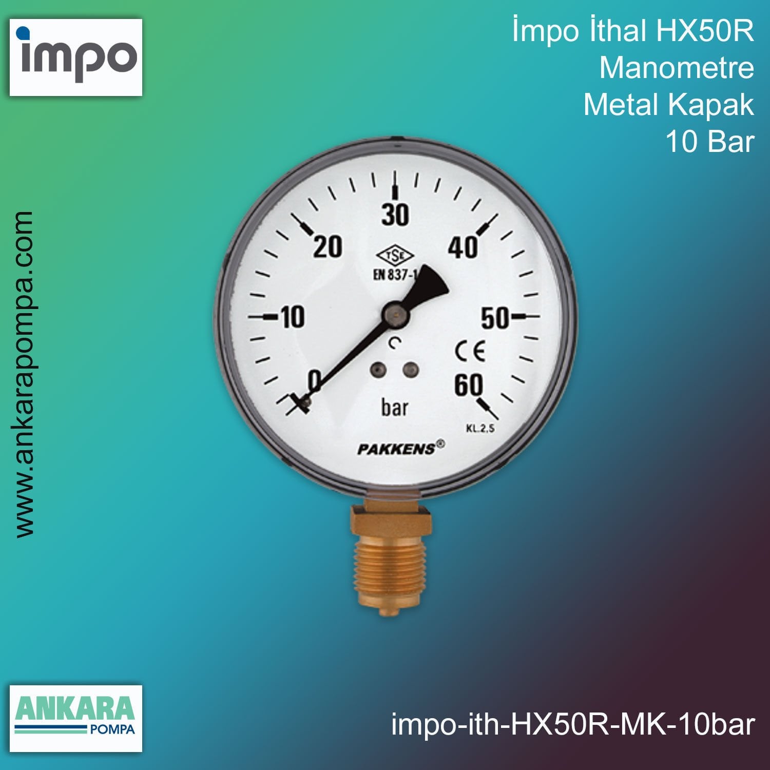 İmpo İthal HX50R, Manometre, Metal Kapak, 10 Bar