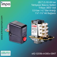 (ELT 2) 02-08 bar,  Trifaze 380V, 0,9 bar / 4,7 bar Aralığı, 1¼''-1½'' Alt Bağlantı Tahliyesiz Basınç Şalteri