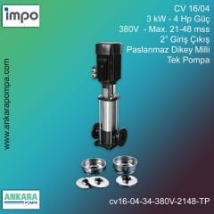CV 16/04, 3 kW - 4 Hp Güç, 380V  - Max. 21-48 mss, 2” Giriş Çıkış, Paslanmaz Dikey Milli, Tek Pompa