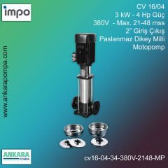 CV 16/04, 3 kW - 4 Hp Güç, 380V  - Max. 21-48 mss, 2” Giriş Çıkış, Paslanmaz Dikey Milli, Motopomp