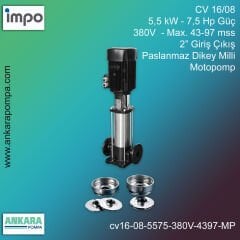 CV 16/08, 5,5 kW - 7,5 Hp Güç, 380V  - Max. 43-97 mss, 2” Giriş Çıkış, Paslanmaz Dikey Milli, Motopomp