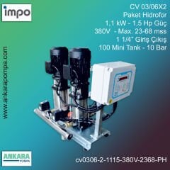 CV 03/06X2 -  1,1 kW - 1,5 Hp Güç, 380V  - Max. 23-68 mss, 1 1/4” Giriş Çıkış, Mini Tank 100, 10 Bar, İki Pompalı (Tank ve Flexible Hariç) Paket Hidrofor
