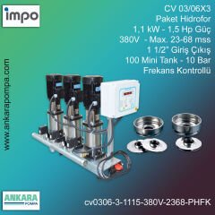 CV 03/06X3 - 1,1 kW - 1,5 Hp Güç, 380V  - Max. 23-68 mss, 1 1/2” Giriş Çıkış, Mini Tank 100, 10 Bar, Üç Pompalı (Tank ve Flexible Hariç) Paket Hidrofor Frekans Kontrollü