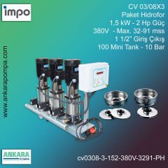 CV 03/08X3 - 1,5 kW - 2 Hp Güç, 380V  - Max. 32-91 mss, 1 1/2” Giriş Çıkış, Mini Tank 100, 10 Bar, Üç Pompalı (Tank ve Flexible Hariç) Paket Hidrofor