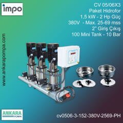 CV 05/06X3 - 1,5 kW - 2 Hp Güç, 380V  - Max. 25-69 mss, 2” Giriş Çıkış, Mini Tank 100, 10 Bar, Üç Pompalı (Tank ve Flexible Hariç) Paket Hidrofor