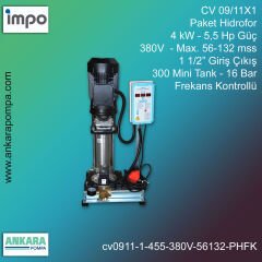 CV 09/11X1 - 4 kW - 5,5 Hp Güç, 380V  - Max. 56-132 mss, 1 1/2” Giriş Çıkış, Mini Tank 300, 16 Bar, Tek Pompalı (Tank ve Flexible Hariç) Paket Hidrofor Frekans Kontrollü