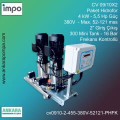 CV 09/10X2 - 4 kW - 5,5 Hp Güç, 380V  - Max. 52-121 mss, 2” Giriş Çıkış, Mini Tank 300, 16 Bar, İki Pompalı (Tank ve Flexible Hariç) Paket Hidrofor Frekans Kontrollü
