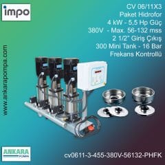 CV 09/11X3 -4 kW - 5,5 Hp Güç, 380V  - Max. 56-132 mss, 2 1/2” Giriş Çıkış, Mini Tank 300, 16 Bar, Üç Pompalı (Tank ve Flexible Hariç) Paket Hidrofor Frekans Kontrollü